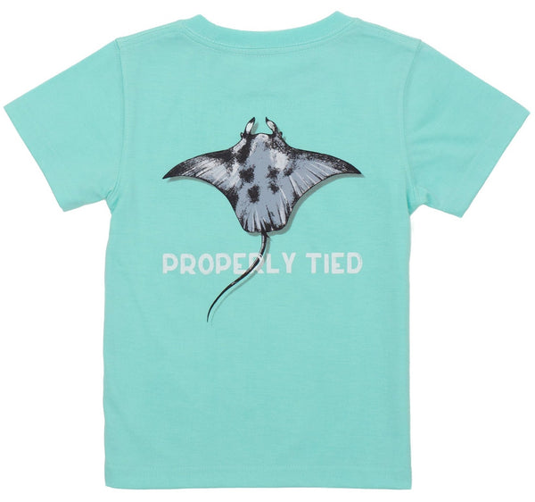 Boys' tee with a graphic design on the back featuring a black and white manta ray and the text "properly tied" below it. The t-shirt is light blue.
Properly Tied Boys' Manta Ray Tee from Properly Tied.