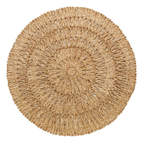 The Straw Loop Placemat Collection by Juliska features round, handwoven placemats crafted from natural rattan fibers with concentric circles and a beautiful, organic texture.