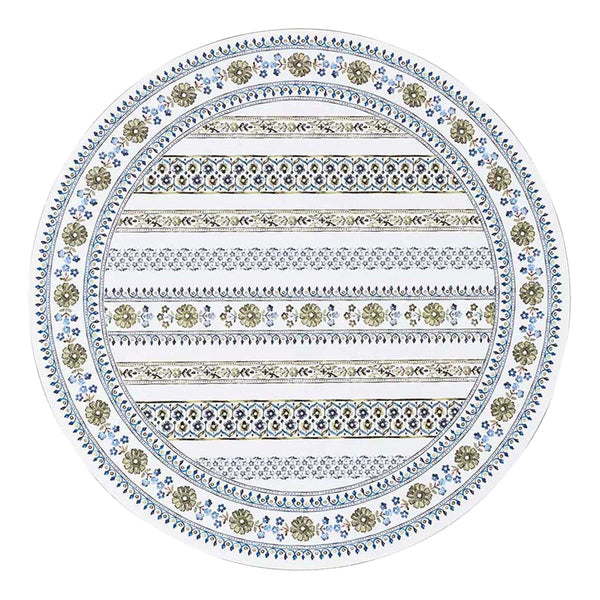 The Juliska Seville Green Stripe Table Linen Collection features intricate horizontal bands with Seville floral and geometric patterns in blue, green, and gold tones.