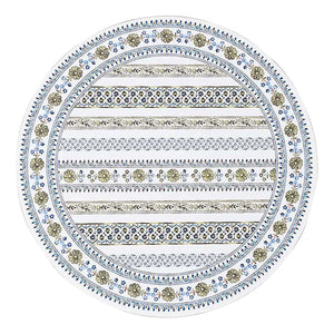 The Juliska Seville Green Stripe Table Linen Collection features intricate horizontal bands with Seville floral and geometric patterns in blue, green, and gold tones.