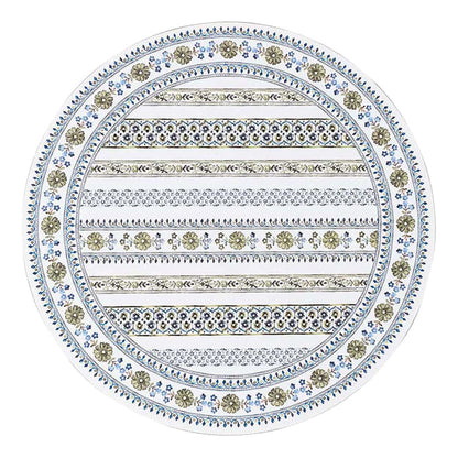 The Juliska Seville Green Stripe Table Linen Collection features intricate horizontal bands with Seville floral and geometric patterns in blue, green, and gold tones.