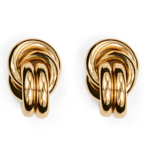 A pair of polished gold LIÉ STUDIO Vera Earrings with a layered, swirl design, photographed on a white background.