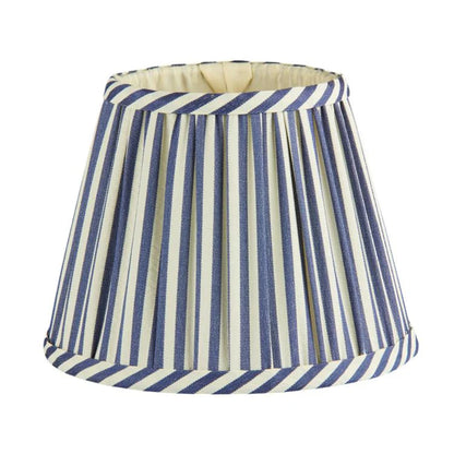 The Addison Ross Empire and Scalloped Lampshades feature vertical blue and white stripes with matching borders, designed to complement elegant lamps or rechargeable bases with an E14 bulb holder.