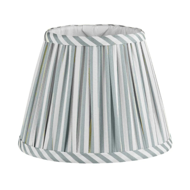 The Addison Ross Empire and Scalloped Lampshades feature pleated vertical stripes in white, gray, and light blue, perfect for E14 bulb holders or rechargeable lamp bases.