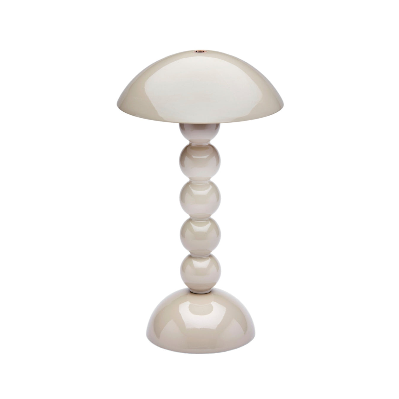 The Addison Ross Bobbin LED Cordless Lamp features a modern beige bobbin shape with a dome shade and four stacked glossy spheres. It offers adjustable light levels for versatile, portable lighting.