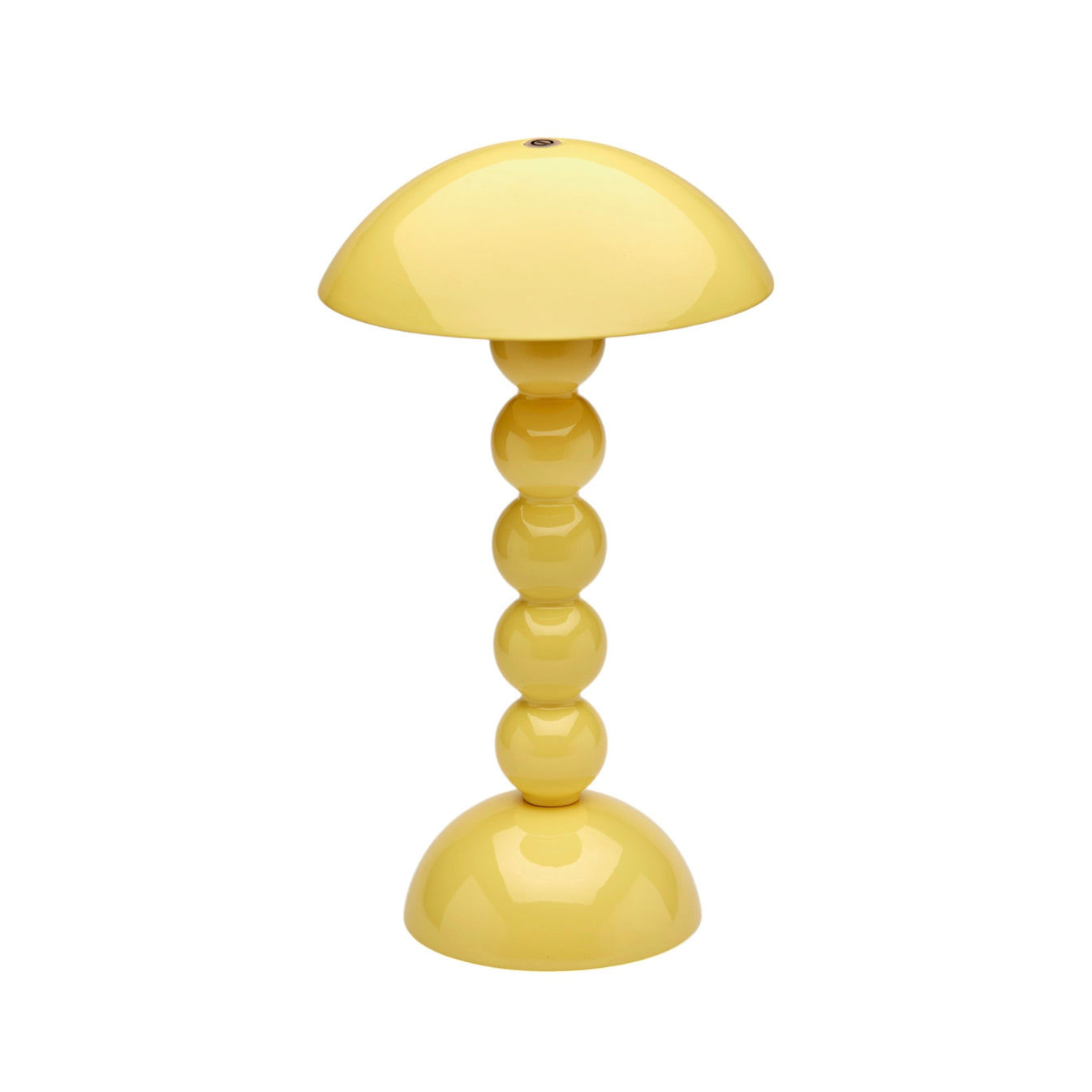 The Addison Ross Bobbin LED Cordless Lamp features a yellow, bobbin-shaped design with a dome shade and four stacked spheres as its base, offering adjustable brightness for versatile use, shown on a white background.