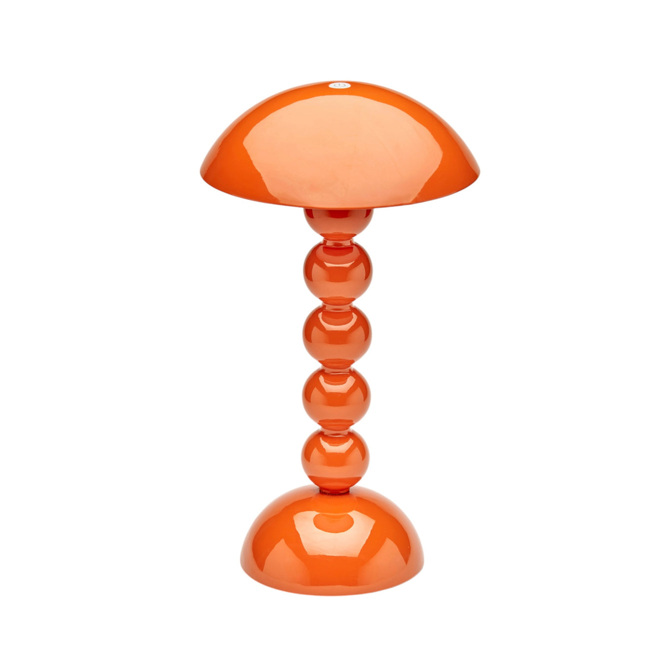 The Bobbin LED Cordless Lamp by Addison Ross features a modern orange design with a dome shade and four stacked spheres, offering adjustable light levels for portable use, shown against a white background.