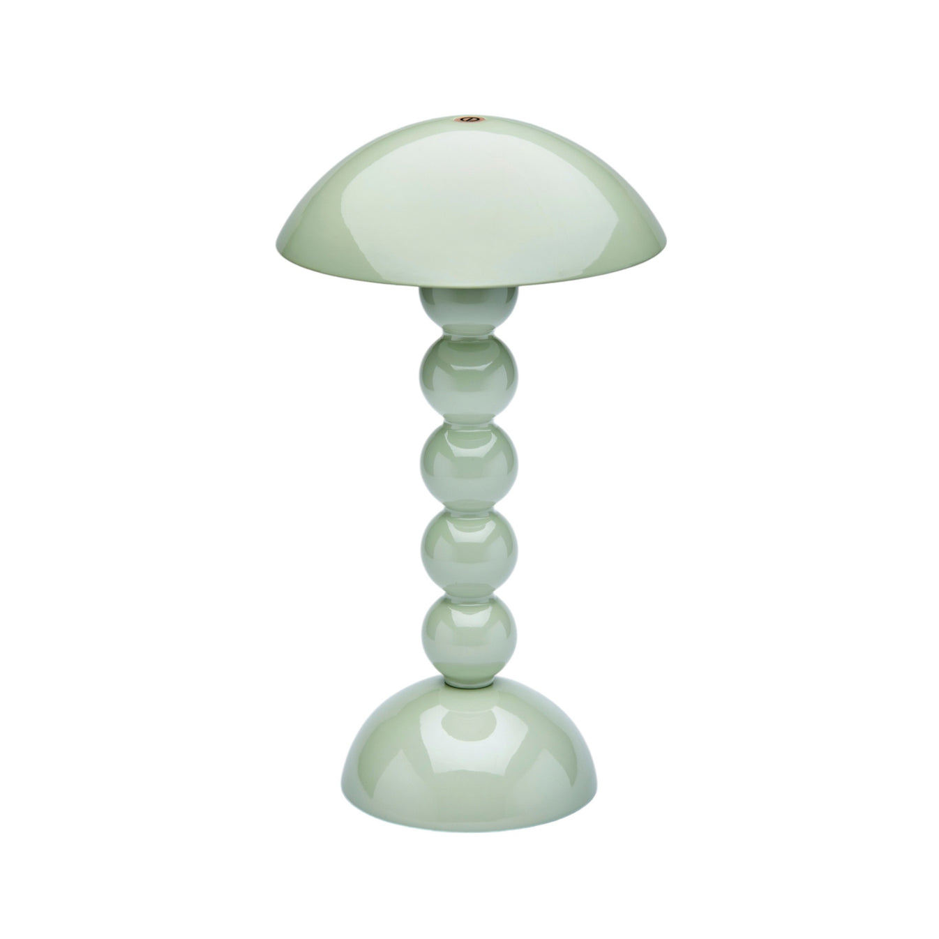 The Addison Ross Bobbin LED Cordless Lamp features stacked spherical segments, a dome shade, and a glossy pale green finish, delivering portable lighting with adjustable brightness in a modern, bobbin-inspired design.