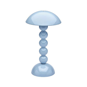 The Addison Ross Bobbin LED Cordless Lamp is a glossy light blue lamp with adjustable lighting, featuring a dome-shaped shade and a base of four stacked spheres, shown against a white background.