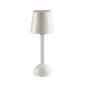 The Addison Ross Scallop LED Lamp, a cordless bedside light with a white scalloped shade, cylindrical stem, and rounded base, is shown against a plain white background.