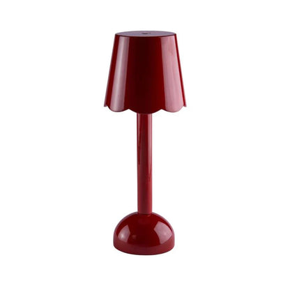 The Addison Ross Scallop LED Lamp features a red scalloped lampshade, cylindrical stem, and round base, shown on a white background.