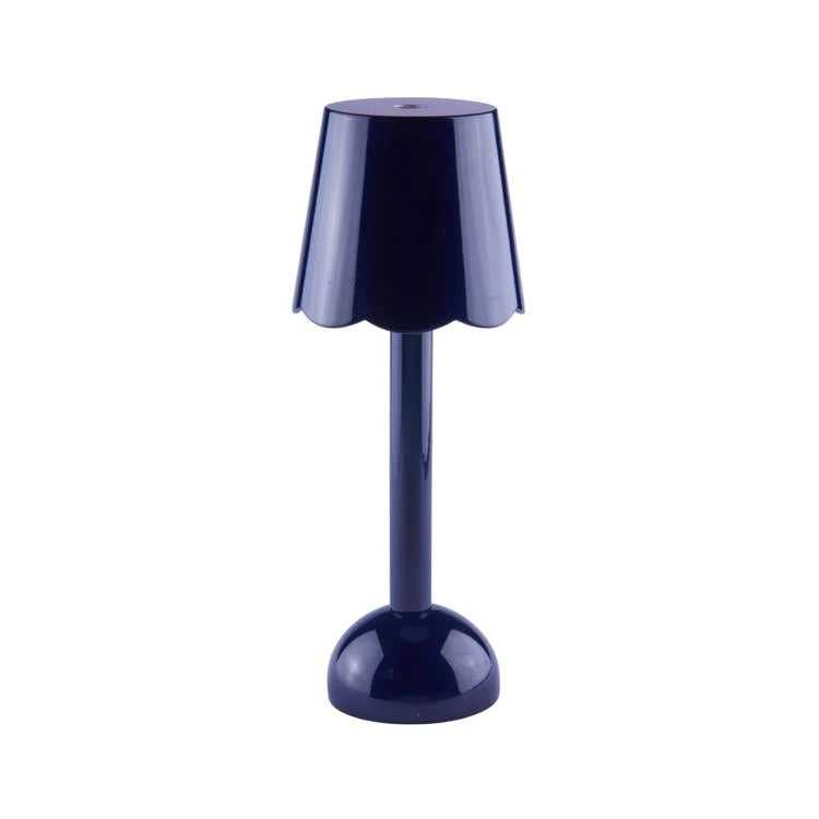 The Addison Ross Scallop LED Lamp is a compact, dark blue portable table lamp featuring a round base and conical shade, shown against a white background.