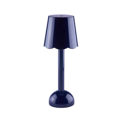 The Addison Ross Scallop LED Lamp is a compact, dark blue portable table lamp featuring a round base and conical shade, shown against a white background.