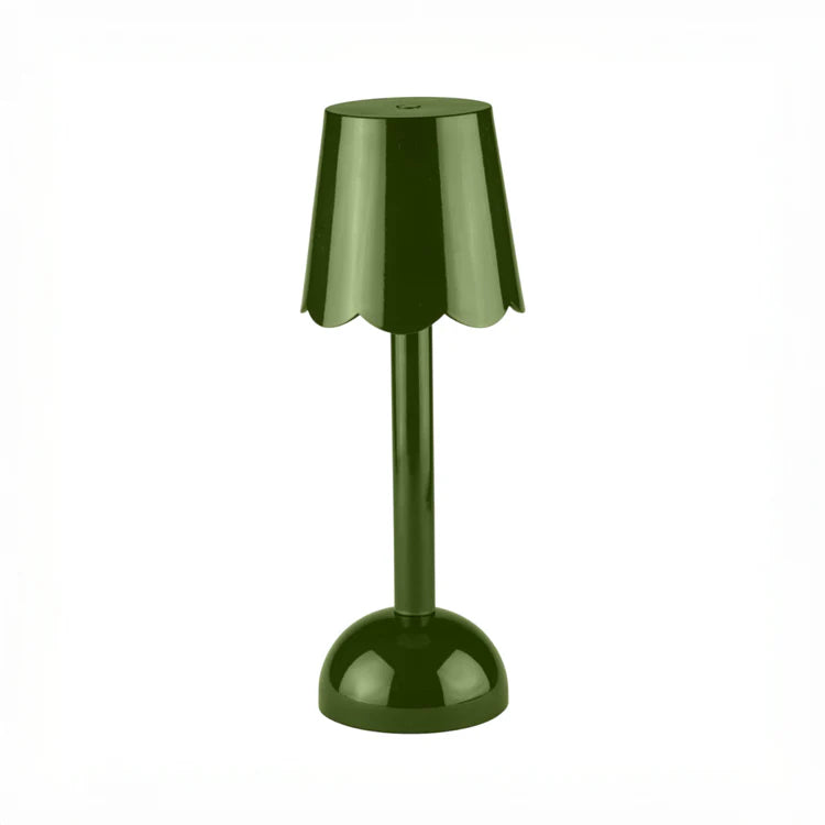 The Addison Ross Scallop LED Lamp is a small, green portable table lamp with a scalloped shade and modern design, shown against a plain white background.