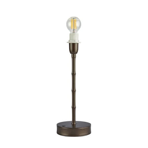 The Addison Ross Bamboo Rechargeable Lamp Base features a bronze bamboo design with a round base and slim stem, topped with an exposed LED bulb. This cordless lamp brings elegant flexibility to any space.