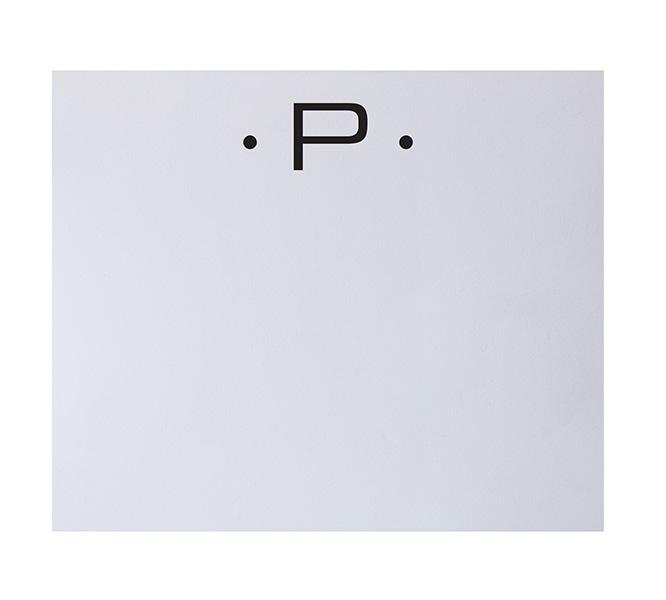 The Black Ink Black Initial Large Notepad features a white background topped with a bold black "P" flanked by dots, capturing the refined elegance of fine stationery and premium paper quality.