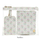 A transparent pouch holds the LUXE Saffiano Travel Set by TRVL Design—a matching floral-patterned luggage tag and passport cover, labeled "Antibes" below.