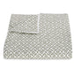 A folded blanket from the Laksha Bedding Collection by Matouk, featuring a small repeating green and white floral pattern inspired by Indian block printing, displayed against a plain white background.