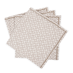 The Laksha Napkin Set by Matouk features four beige cloth napkins adorned with a delicate brown geometric pattern, reminiscent of block printing, artfully fanned out against a plain white background.