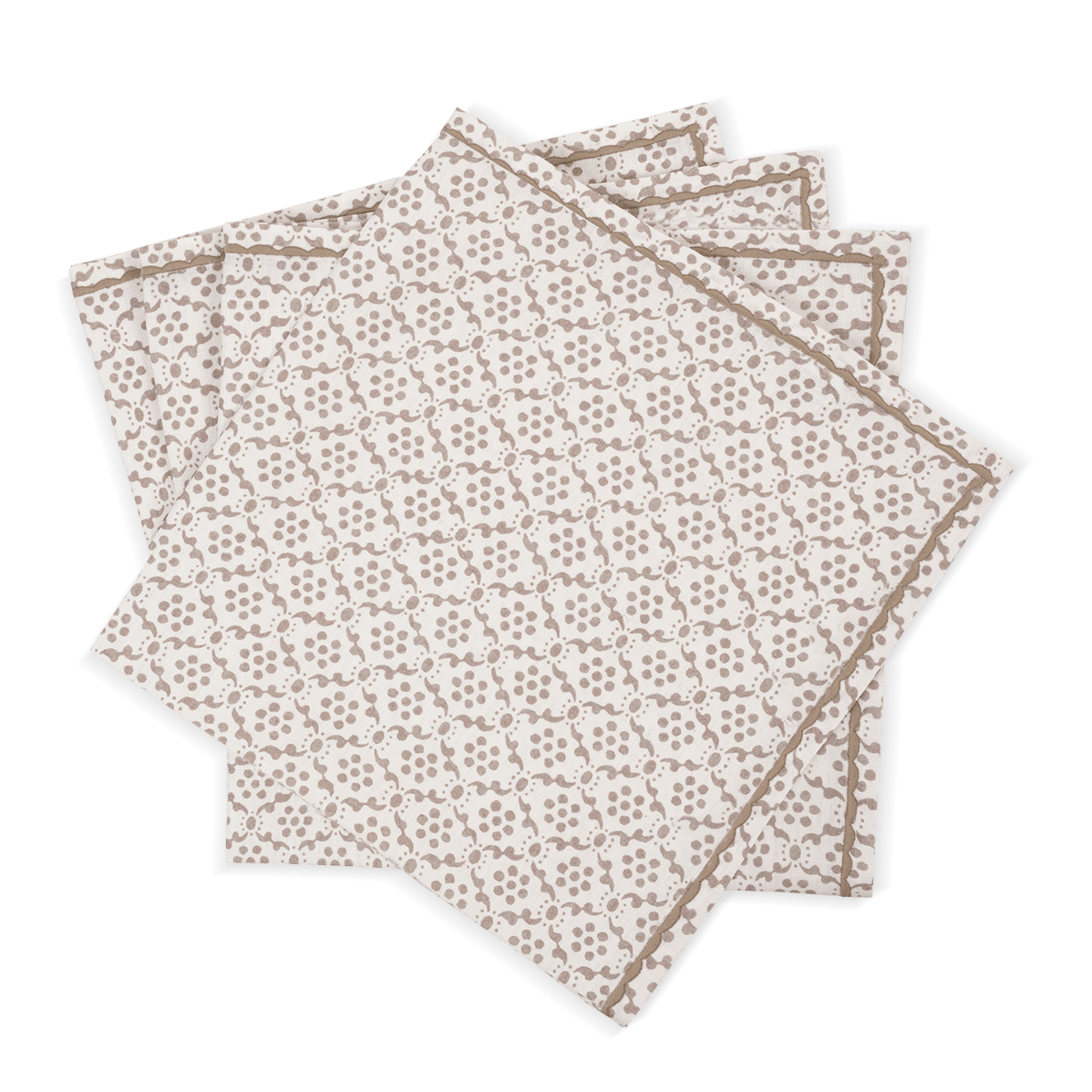 The Laksha Napkin Set by Matouk features four beige cloth napkins adorned with a delicate brown geometric pattern, reminiscent of block printing, artfully fanned out against a plain white background.