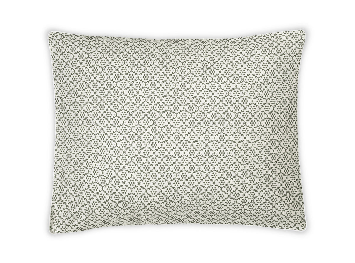 Rectangular pillow from the Matouk Laksha Bedding Collection, featuring a repeating small black and white geometric pattern on Luca percale fabric inspired by Indian block printing techniques, shown on a plain white background.