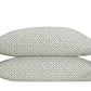 Two stacked pillows from the Laksha Bedding Collection by Matouk, featuring a small black geometric pattern on crisp white Luca percale pillowcases, inspired by classic Indian block printing.