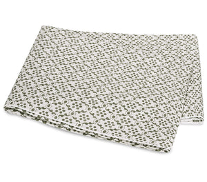 The Laksha Bedding Collection by Matouk features folded white fabric adorned with an olive green polka dot pattern inspired by Indian block printing, displayed on a plain white background.