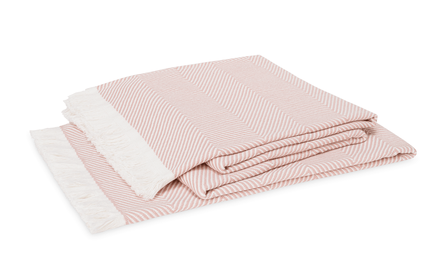 The Matouk Leo Throw is an oversized folded herringbone blanket in pink and white with a white fringe on one end, shown on a white background. This contemporary throw adds style and comfort to any space.