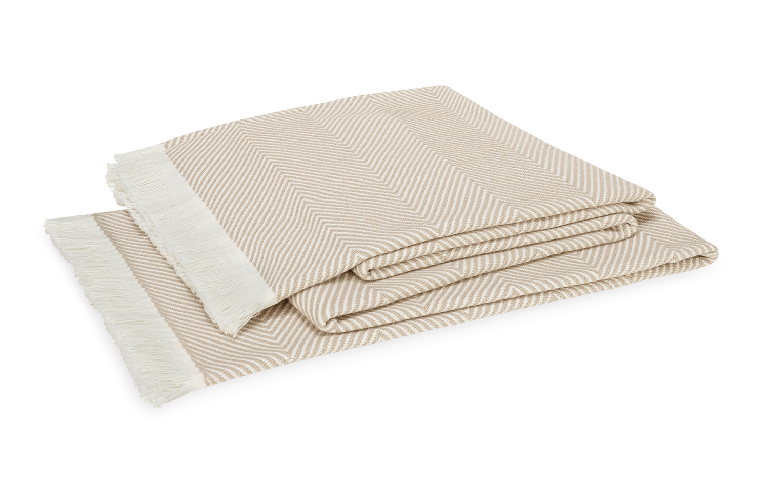 The Leo Throw by Matouk is an oversized beige and white herringbone blanket with fringed edges, crafted from 100% cotton. Stylish and contemporary, it's perfect for any space and is shown here against a white background.