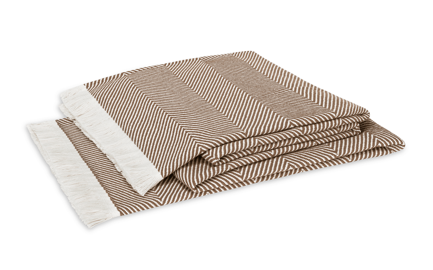 The Matouk Leo Throw, crafted from 100% cotton in a brown and white herringbone design with a white fringe, is shown folded against a white background.