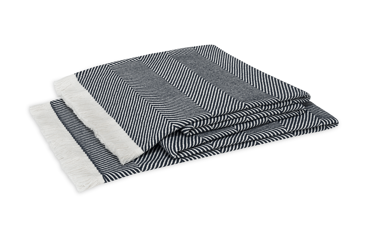 The Leo Throw by Matouk is an oversized black-and-white herringbone blanket with white fringed edges, made from 100% cotton for comfort and style, shown folded on a plain background.