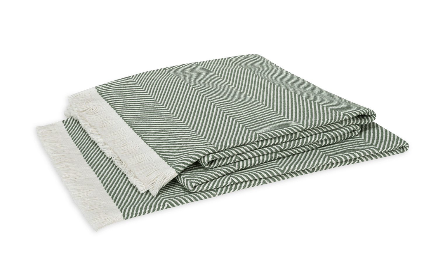 The Matouk Leo Throw, featuring an oversized green and white herringbone pattern with white fringe on one end, is displayed against a white background.