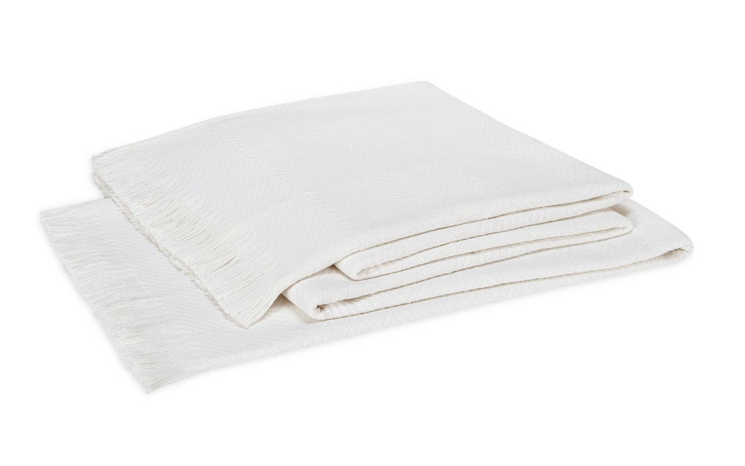 The Matouk Leo Throw, a contemporary white fringed blanket, is shown folded on a plain white background.