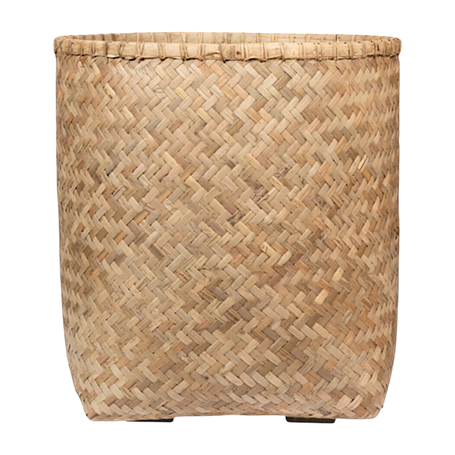 The Zayn Round Bamboo Planters by PotteryPots are cylindrical, light brown, woven baskets with a herringbone pattern and a wide top rim—ideal as eco-friendly indoor plant pots.
