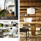 Modern office space with wood accents, built-in shelves, a spacious contemporary desk, and a rooftop patio featuring city views and greenery. Multiple interior design photographs from *Liaigre: 12 Projects* by Penguin Random House are displayed on the left.