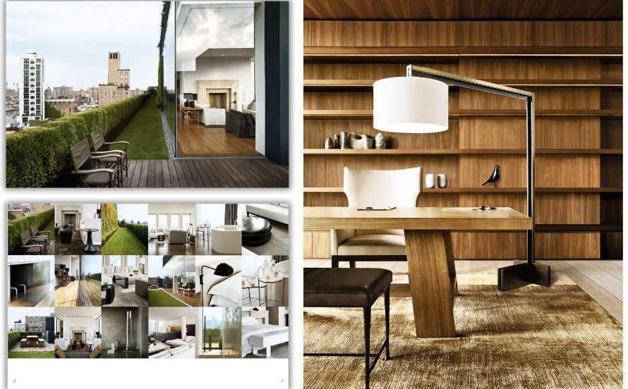 Modern office space with wood accents, built-in shelves, a spacious contemporary desk, and a rooftop patio featuring city views and greenery. Multiple interior design photographs from *Liaigre: 12 Projects* by Penguin Random House are displayed on the left.