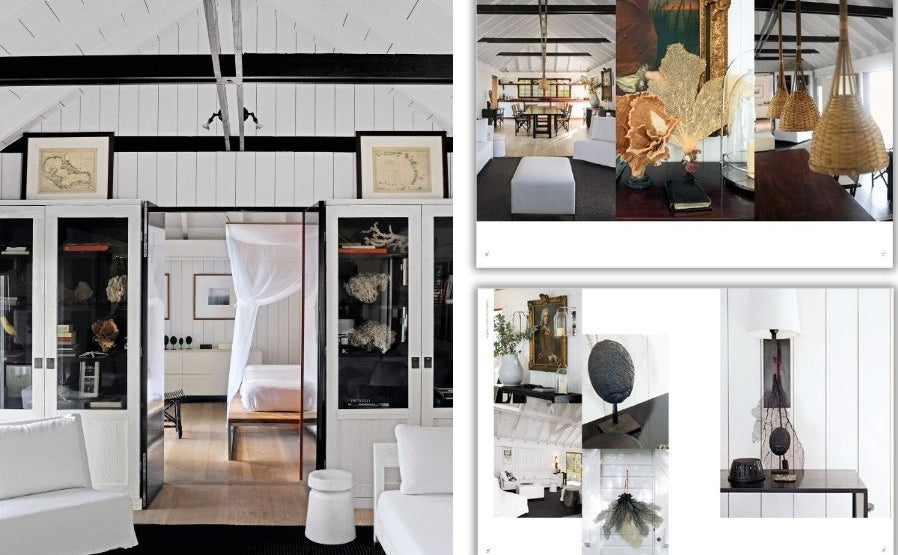 Collage featuring refined furniture design and decorative objects inspired by contemporary interior design, showcased in bright, modern living spaces with white walls, black accents, glass cabinets, and natural details—all highlighting the aesthetic from “Liaigre: 12 Projects” by Penguin Random House.