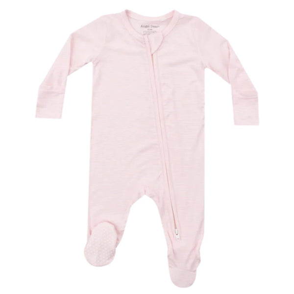 Angel Dear Light Pink Stripe 2-Way Zip Footie on a white background crafted from soft bamboo fiber fabric, featuring a front zipper and footed design.