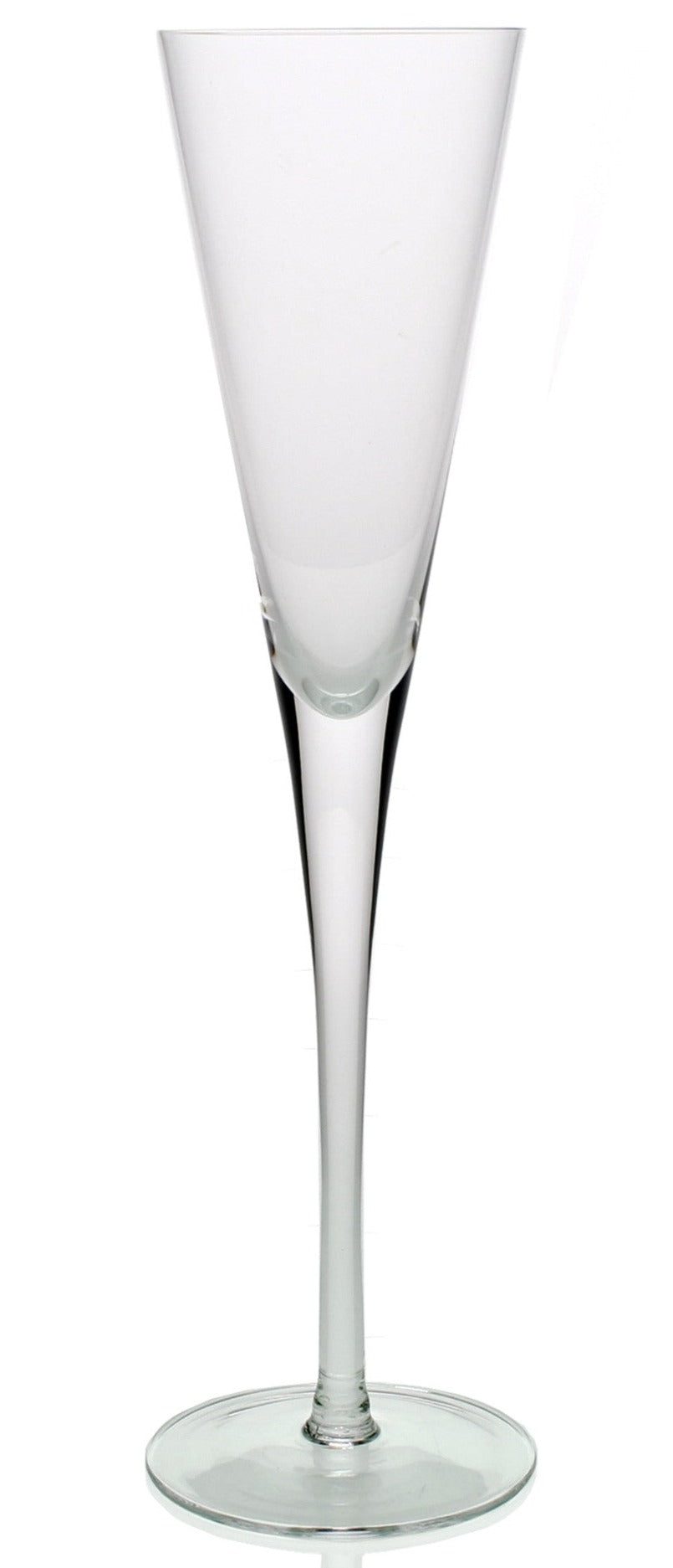 A clear, empty champagne flute with fine rims and a long stem from the William Yeoward Crystal Lillian Drinkware Collection, photographed against a white background.