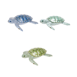 Three Herend Loggerhead Turtle figurines are arranged on a white background, featuring hand-painted designs in blue, light green, and olive green.