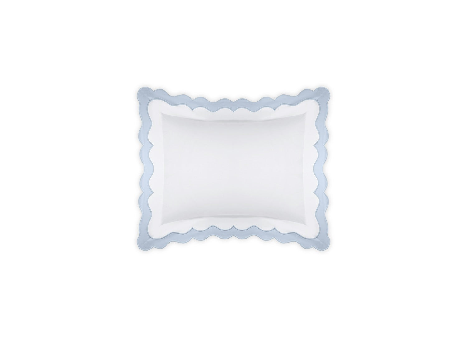 A rectangular pillow from the Lorelei Bedding Collection, Blue by Matouk, features a blue scalloped border, crafted from soft 600 thread count Egyptian cotton, and is shown on a plain white background.