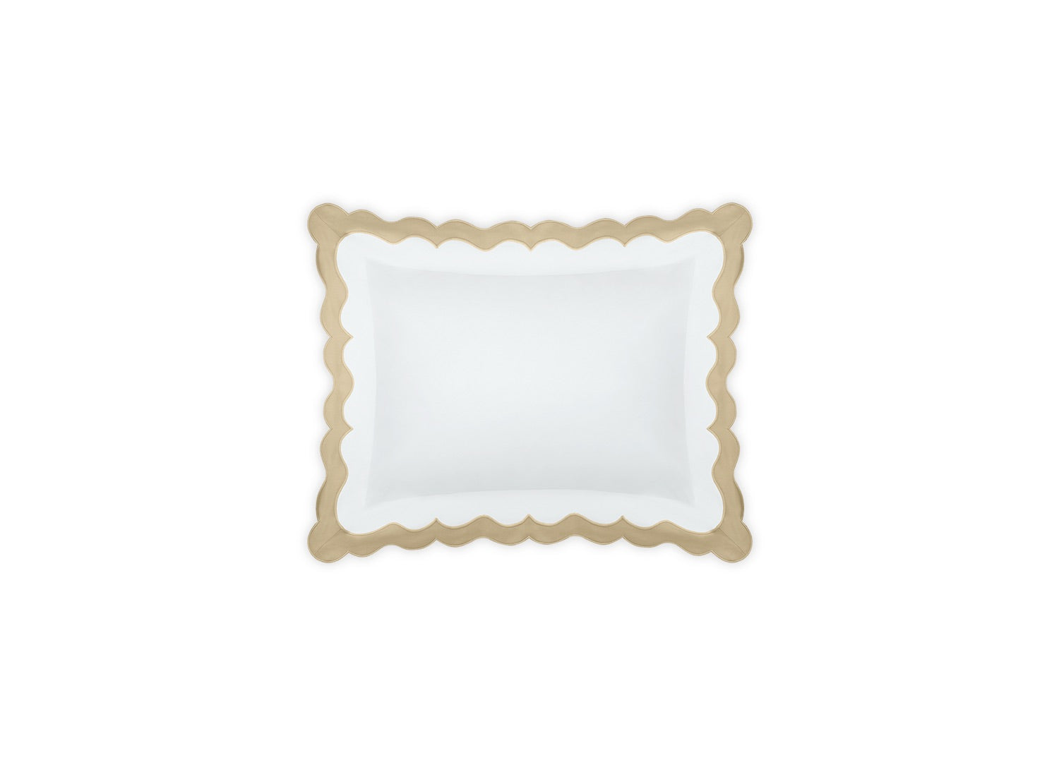 The Matouk Lorelei Bedding Collection pillow in Champagne, crafted from OEKO-TEX® certified Milano Egyptian cotton, features a white rectangular shape with a beige scalloped border, displayed on a plain white background.