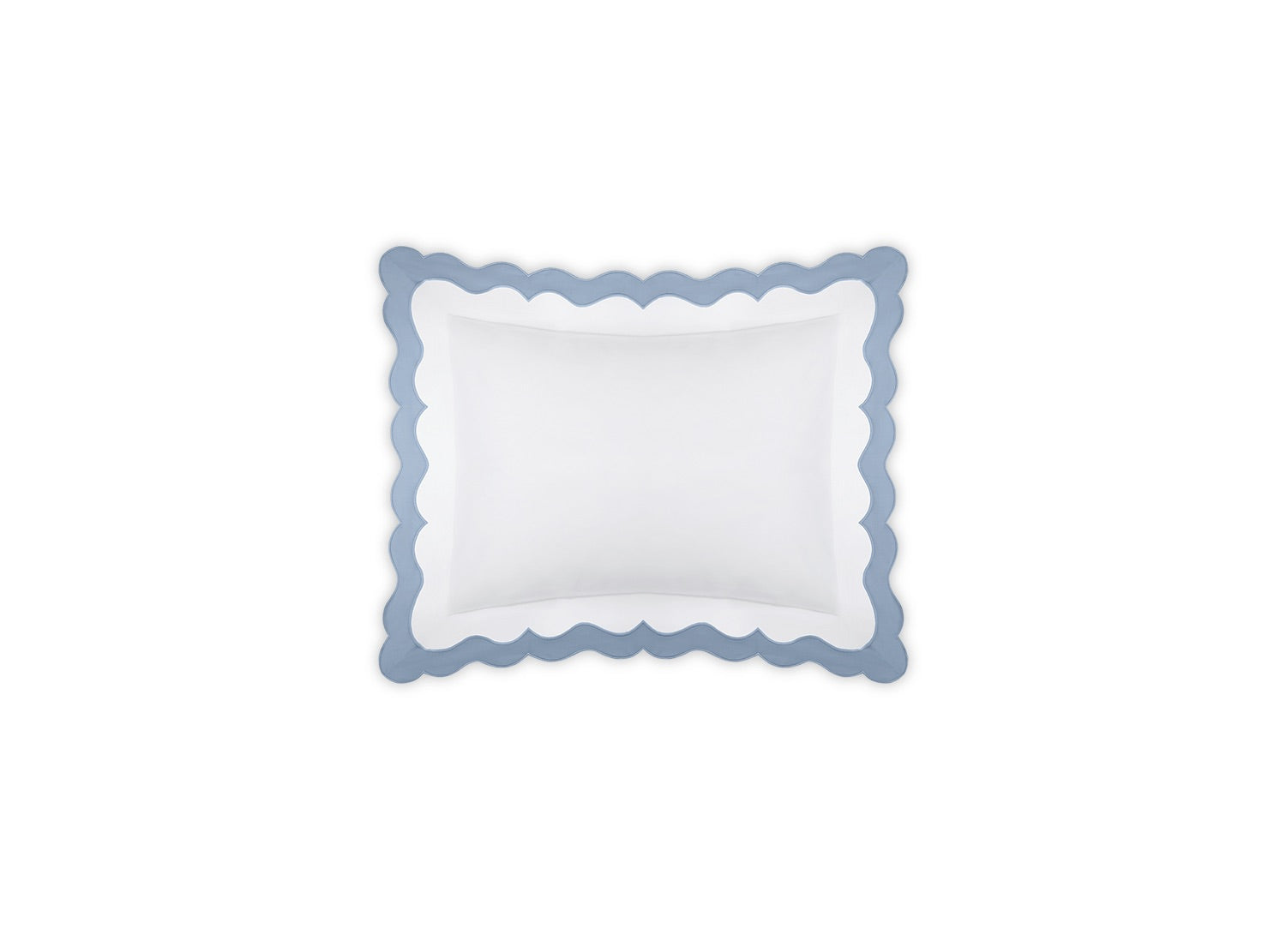 The Lorelei Bedding Collection by Matouk features a white rectangular pillow with a blue appliqué scallop edge, crafted from Milano Egyptian cotton and OEKO-TEX® Standard 100 certified, shown on a plain white background.