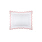 The Matouk Lorelei Bedding Collection in Pink features a square white throw pillow with light pink scalloped edges, made from luxurious 600-thread count Milano Egyptian cotton and OEKO-TEX® certified, shown on a plain white background.