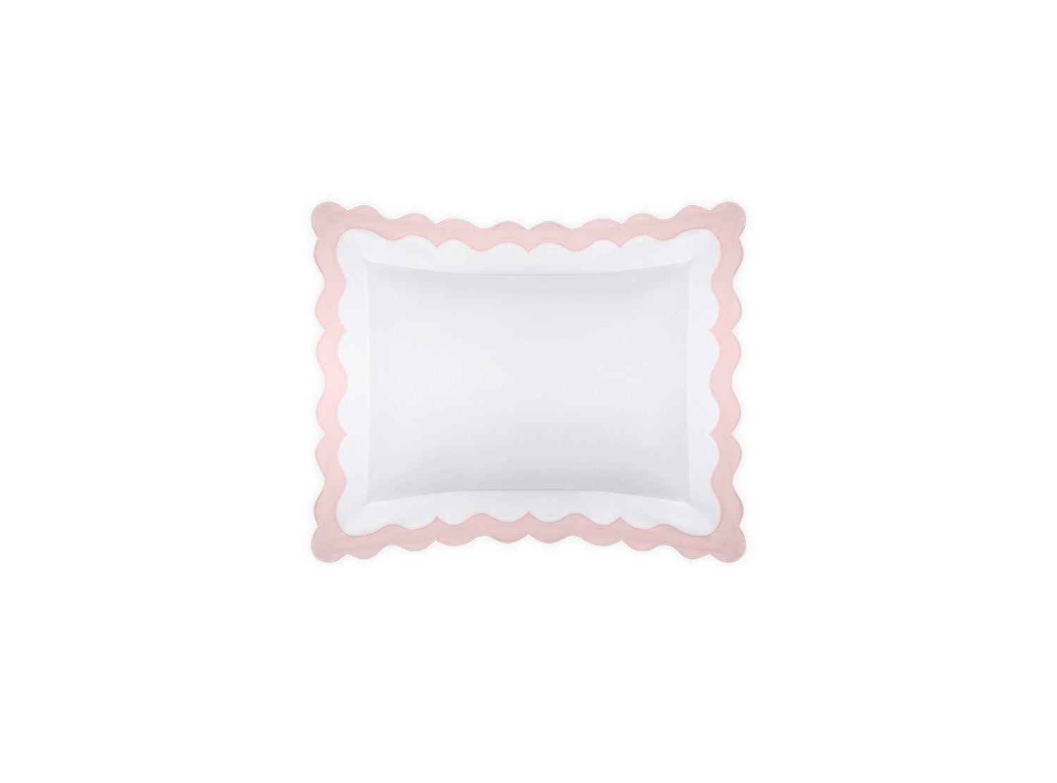 The Matouk Lorelei Bedding Collection in Pink features a square white throw pillow with light pink scalloped edges, made from luxurious 600-thread count Milano Egyptian cotton and OEKO-TEX® certified, shown on a plain white background.