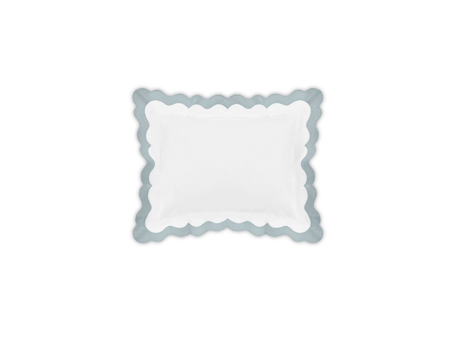 Introducing the Lorelei Bedding Collection by Matouk—a rectangular white pillow made from luxurious 600 thread count Egyptian cotton, highlighted by an elegant light blue appliqué scallop border on a crisp white background.