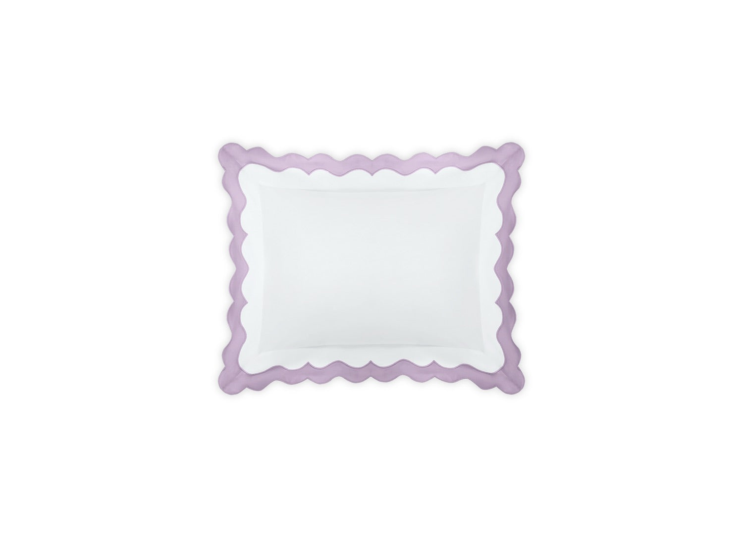 The Lorelei Bedding Collection, Violet by Matouk is a rectangular white pillow crafted from OEKO-TEX certified Egyptian cotton, featuring a wavy lavender border on a crisp white background.