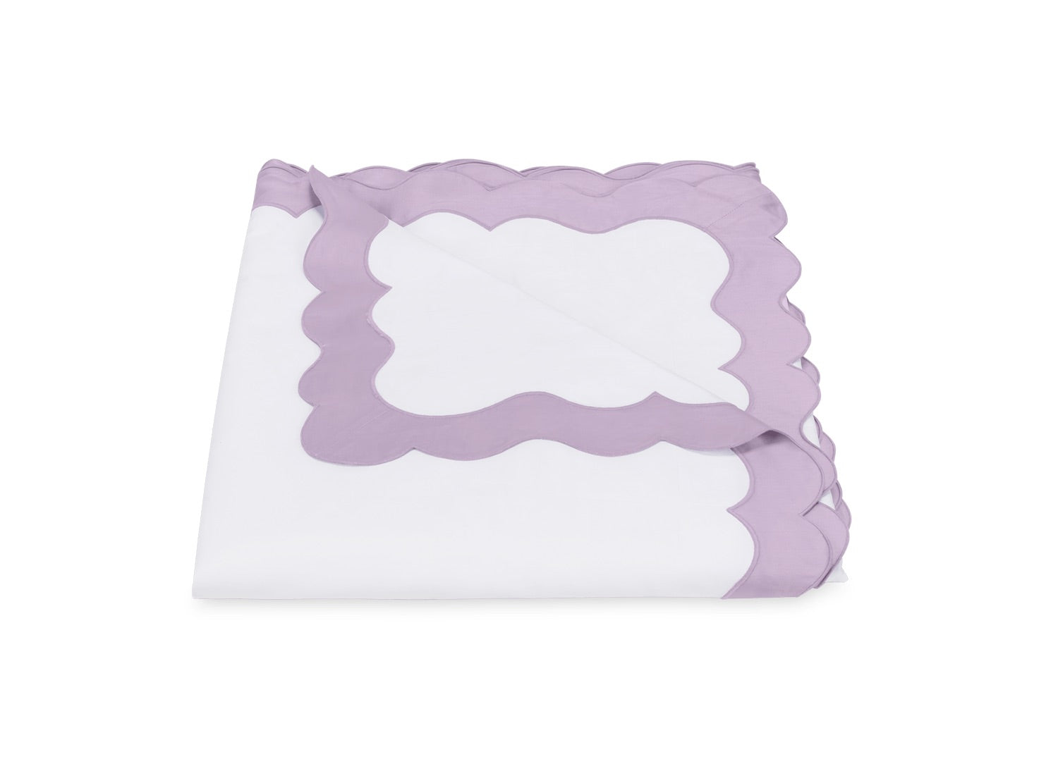 Folded white sheet from the Lorelei Bedding Collection by Matouk, crafted from luxurious Egyptian cotton and adorned with a delicate lavender scallop appliqué trim, displayed on a plain white background.