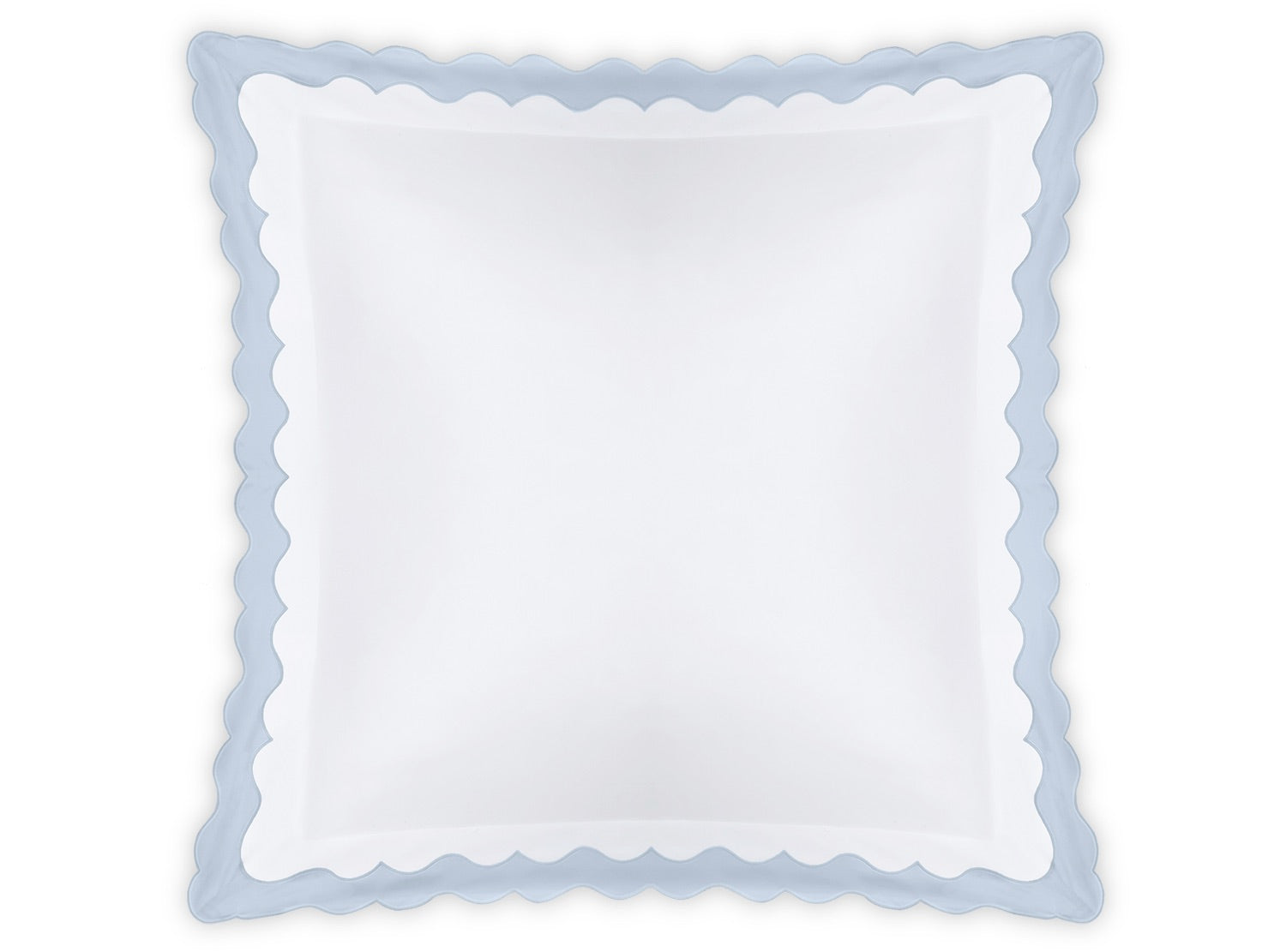 The Matouk Lorelei Bedding Collection in Blue features a square pillow crafted from Milano Egyptian cotton with a white center and elegant blue scalloped edges.