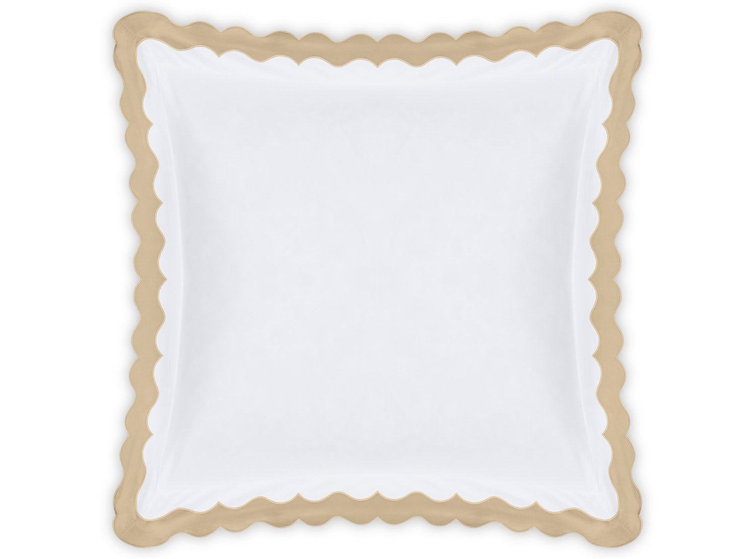 The Matouk Lorelei Bedding Collection in Champagne includes a rectangular pillowcase with scalloped beige trim, made from luxurious 600 thread count Egyptian cotton and OEKO-TEX® Standard 100 certified for comfort and quality.